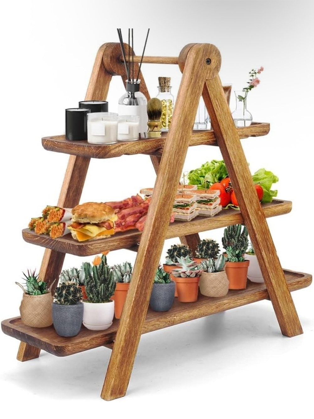 Rustic 3-Tier Wooden A-Frame Display Shelf - Brown